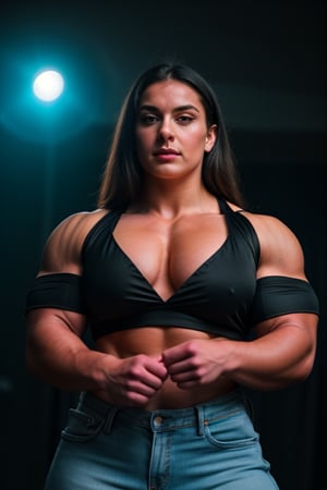 A heavily muscled iffb pro female bodybuilder, a RAW photo, portrait of allover30kathleen, wearing black satin blouse, jeans, simple background, model shot, cinematic shot, volumetric lighting, detailed eyes and face, magnificent, epic, sharp focus, dlsr, rim lights, blurry background, best quality, highly detailed, masterpiece, 8k, 