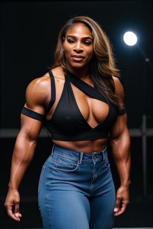 A heavily muscled iffb pro female bodybuilder, a RAW photo, portrait of Serena Williams, wearing black satin blouse,  
long transparent sleaves  jeans, simple background, model shot, cinematic shot, volumetric lighting, detailed eyes and face, magnificent, epic, sharp focus, dlsr, rim lights, blurry background, best quality, highly detailed, masterpiece, 8k, 