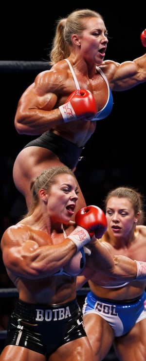 2girls, PHOTO, Candid mobile phone snapshot photo of a heavily muscled iffb pro female bodybuilder ordering at a fight, 24  year old Charlotte Church vs 28 year old Sydney Sweeney,photorealistic