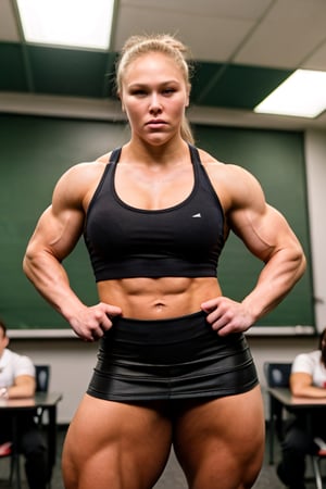 25 year old Ronda  Rousey a heavily muscled iffb pro female bodybuilder,  a schoolgirl wearing a tight unbuttoned shirt, red tie,  oil glossy compression leggings, skirt ,fmg,  in a classroom ,