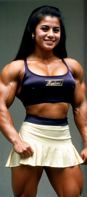  22 year old Linda Evangalista,  heavily muscled iffb pro female bodybuilder,  a schoolgirl wearing a silk buttoned shirt, short skirt.