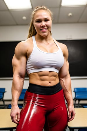 25 year old Ronda  Rousey a heavily muscled iffb pro female bodybuilder,  a schoolgirl wearing a tight unbuttoned shirt, red tie,  oil glossy compression leggings, ,fmg,  in a classroom ,