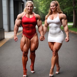 2girls, 26 year old Nicole Bass, 26 year old Kayla  Harrison,  a heavily muscled iffb pro female bodybuilder,  a Professor wearing a tight long silk dress,  red opaque pantyhose ,fmg