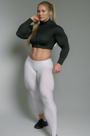 generate a full length candid snapshot mobile camera phone photo of a heavily muscled iff pro female bodybuilder 33 year old Ronda rousey, RAW PHOTO, makeup, hair, she is dressed in very tight chic clothing, extremely silk jacket. tight creamy white pvc trousers,  , , hairstyle in pigtails. Photo uploadied to Facebook march 2016,photorealistic, clenched fist