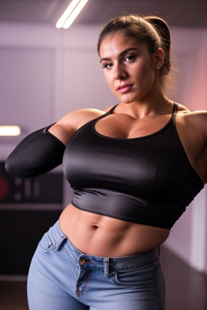 A heavily muscled iffb pro female bodybuilder, a RAW photo, portrait of 25 year old Mara Venier wearing black satin blouse, jeans, simple background, model shot, cinematic shot, volumetric lighting, detailed eyes and face, magnificent, epic, sharp focus, dlsr, rim lights, blurry background, best quality, highly detailed, masterpiece, 8k, 