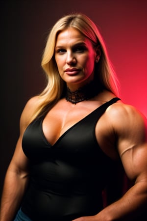 A heavily muscled iffb pro female bodybuilder, a RAW photo, portrait of Daryl Hannah, wearing black satin blouse, jeans, simple background, model shot, cinematic shot, volumetric lighting, detailed eyes and face, magnificent, epic, sharp focus, dlsr, rim lights, blurry background, best quality, highly detailed, masterpiece, 8k, 