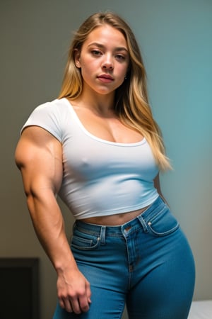 A heavily muscled iffb pro female bodybuilder, a RAW photo, portrait of Sydney Sweeney, wearing white satin blouse, jeans, simple background, model shot, cinematic shot, volumetric lighting, detailed eyes and face, magnificent, epic, sharp focus, dlsr, rim lights, blurry background, best quality, highly detailed, masterpiece, 8k, 