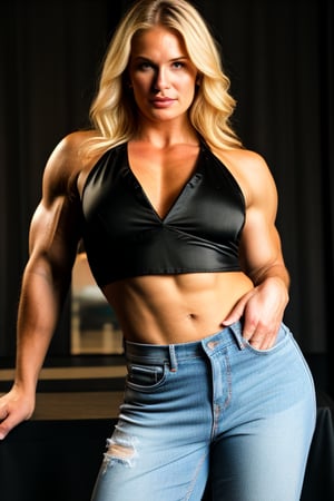 A heavily muscled iffb pro female bodybuilder, a RAW photo, portrait of Daryl Hannah, wearing black satin blouse, jeans, simple background, model shot, cinematic shot, volumetric lighting, detailed eyes and face, magnificent, epic, sharp focus, dlsr, rim lights, blurry background, best quality, highly detailed, masterpiece, 8k, ,school uniform