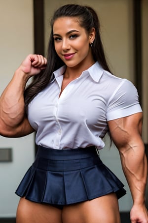 A heavily muscled iffb pro female bodybuilder,  a schoolgirl wearing a silk buttoned shirt, short skirt.
