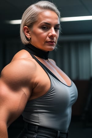 A 70 year old mature woman, grey silver hair, A heavily muscled iffb pro female bodybuilder, a RAW photo, portrait of , wearing black satin blouse,  
long transparent sleaves  jeans, simple background, model shot, cinematic shot, volumetric lighting, detailed eyes and face, magnificent, epic, sharp focus, dlsr, rim lights, blurry background, best quality, highly detailed, masterpiece, 8k, 