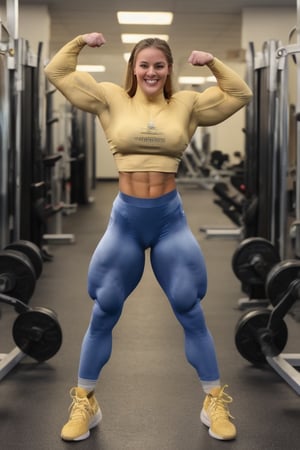 21 year old Jamie Lee Curtis, a heavily muscled iffb pro female bodybuilder,  a schoolgirl wearing a tight silk blouse, hitpants,  gold coloured opaque pantyhose ,fmg