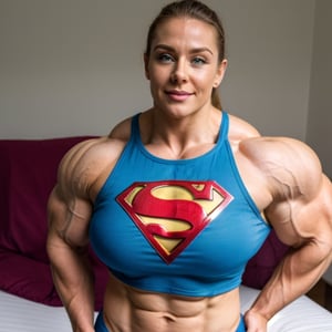 A heavily muscled iffb pro female bodybuilder 32 year old Supergirl girl stood by a bed 