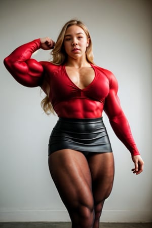 Sydney Sweeney a heavily muscled iffb pro female bodybuilder,  a schoolgirl wearing a tight silk stretchy translucent buttoned shirt, short rubber skirt,  red opaque pantyhose ,fmg