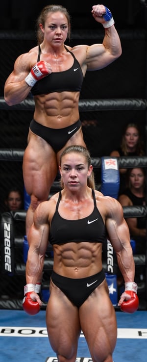 2girls, PHOTO, Candid mobile phone snapshot photo of a heavily muscled iffb pro female bodybuilder ordering at a fight, 24  year old Charlotte Church vs 28 year old Sydney Sweeney,photorealistic