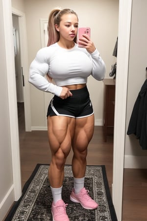 24 year old Sydney Sweeney, A heavily muscled iffb pro female bodybuilder,  Full-body mirror selfie of a muscular woman standing in a room with a wooden floor. She has long, dark hair with pink highlights and is wearing a black long-sleeve top and black lycra shorts. She is holding a smartphone with a reflective case in her left hand. She is also wearing white and gray athletic shoes with white socks. The room has a white wall with a calendar or planner hanging on it, and there is a black and white patterned rug on the floor. In the background, there is a black bag and some other items partially visible.