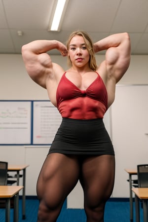 22 year old Sydney Sweeney a heavily muscled iffb pro female bodybuilder,  a  wearing a tight unbuttoned shirt, red tie,  silk skirt, pantyhose, silk skirt over pantyhose ,fmg,  in a classroom, standing, legs wide open ,uniformsbodypaint