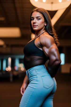 Viewed from side rear, stunning portrait of 21 year old Erin Hemming as a heavily muscled ifbb pro female bodybuilder. The RAW photo captures her in a cinematic shot, with volumetric lighting accentuating her magnificent physique. She wears a black translucent silk blouse and long transparent sleeves, paired with white tight jeans, against a simple yet effective background. The model's pose is confident and powerful, with sharp focus on her detailed eyes and face. Rim lights create depth, while the blurry background keeps attention on Sydney's epic form. This masterpiece of photography is truly fit for 8K resolution, showcasing the best quality and highest level of detail.