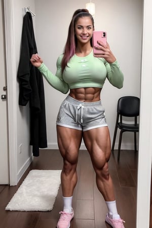 A heavily muscled iffb pro female bodybuilder,  Full-body mirror selfie of a muscular woman standing in a room with a wooden floor. She has long, dark hair with pink highlights and is wearing a black long-sleeve top and light green shorts. She is holding a smartphone with a reflective case in her left hand. She is also wearing white and gray athletic shoes with white socks. The room has a white wall with a calendar or planner hanging on it, and there is a black and white patterned rug on the floor. In the background, there is a black bag and some other items partially visible.