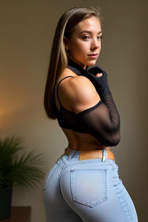 Photographing Sydney Sweeney from a side rear angle, capture her powerful figure as a heavily muscled IFBB pro female bodybuilder. Her pretty face with an innocent expression shines brightly under volumetric lighting that accentuates her impressive physique. Wearing a black satin blouse and long transparent sleeves paired with white tight jeans against a simple background, Sydney strikes a confident pose with sharp focus on her detailed eyes and face. Rim lights create depth while the blurry background keeps attention on her epic form, particularly highlighting her round ass.