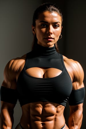 Huge trapezius muscles,   A heavily muscled iffb pro female bodybuilder,  A stunning intricate full color portrait of (sks woman:1),
wearing a black turtleneck,
epic character composition,
by ilya kuvshinov, alessio albi, nina masic,
sharp focus, natural lighting, subsurface scattering, f2, 35mm, film grain