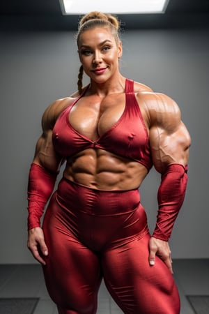 generate a fullength fashion portrait of a heav-
ily muscled iff pro female bodybuilder erika ele-
niak, her makeup, hair, she is dressed in very
tight chic clothing, extremely silk jacket. tight
red satin leggings, elegance, lighting, environ-
ment, hairstyle in pigtails,fmg