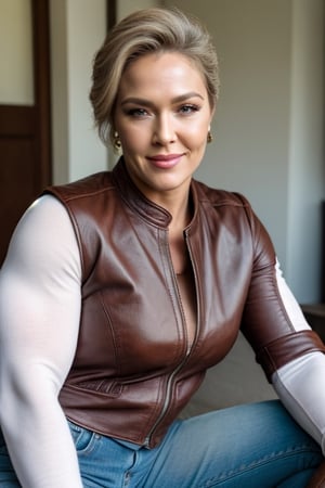 A mature ronda rousey, greay hair,   A heavily muscled iffb pro female bodybuilder,  (Masterpiece), Realistic, very realistic, 8K, looking_at_viewer, beautiful+attractive+feminine+lovely+cute+mature+old+gorgeous+symmetric+sexy grandma, very beautiful 50 years, very gorgeous mature woman, ((grey_hair)), (brown almond eyes), realistic brown iris, slim nose, thin nose, beautiful nose, extremely beautiful woman, very detailed brown iris, very beautiful lady, large cheeks, cheek dimples:1.4, very beautiful, inspired by old mature Ana de Armas, wistful smile, headshot, rounded_feminine_chin, wearing leather_jacket and white_shirt and jeans, sitting on her Harley Davidson motorbike
