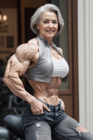  (Bodybuildings most muscular pose:1.5) A mature  Heather Policky-Armbrust, grey hair,   A heavily muscled iffb pro female bodybuilder,  (Masterpiece), Realistic, very realistic, 8K, looking_at_viewer, beautiful+attractive+feminine+lovely+cute+mature+old+gorgeous+symmetric+sexy grandma, very beautiful 50 years, very gorgeous mature woman, ((grey_hair)), (brown almond eyes), realistic brown iris, slim nose, thin nose, beautiful nose, extremely beautiful woman, very detailed brown iris, very beautiful lady, large cheeks, cheek dimples:1.4, very beautiful, inspired by old mature Ana de Armas, wistful smile, headshot, rounded_feminine_chin, wearing leather_jacket and white_shirt and jeans, sitting on her Harley Davidson motorbike