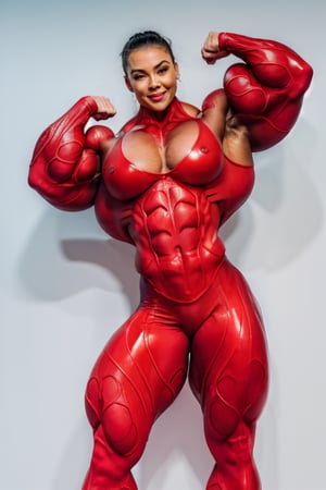 ( Bodybuildings most muscular pose:1.5)Velma,  Lara Croft. Meg Griffin, A European nog breasted pin up star,,  A heavily muscled iffb pro female bodybuilder,  Portrait of 2 beautiful women, cute face, german, wearing tight stretchy translucent red latex catsuit,(seamless Latex)(olive latex) seamless suit (character sheet),  masterpiece, neutral background, perfect face, style: shiniez