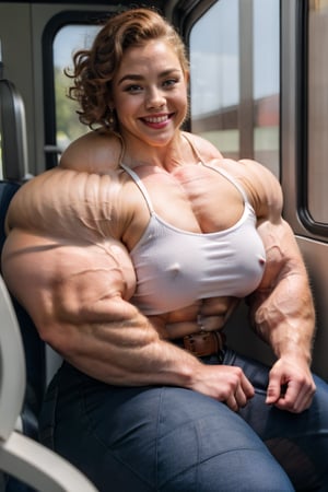 A heavily muscled iffb pro female bodybuilder, Sydney Sweeney, portrait, face portrait, brown skin, smiling, red lips, full lips, chubby, voluptuous woman, brown hair, curly hair, glasses, button-down blouse, white blouse, belt, long jeans, sitting on the bus.