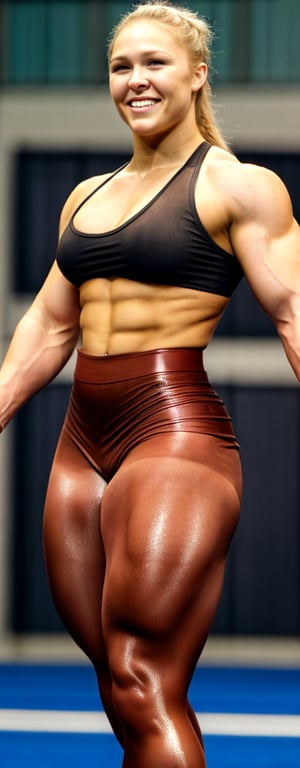 22 year old Ronda  Rousey a heavily muscled iffb pro female bodybuilder,  a schoolgirl wearing a tight silk buttoned shirt, short rubber skirt,  red opaque pantyhose ,fmg