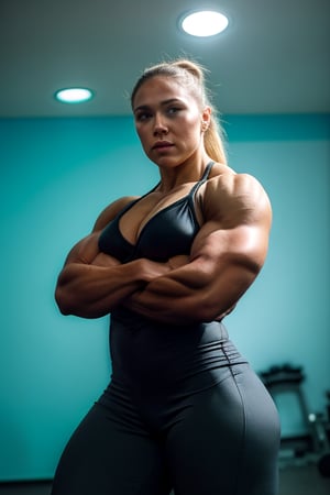 (Bodybuildings most muscular pose:1.5), A heavily muscled iffb pro female bodybuilder, a RAW photo, portrait of 20 year old Ronda Rousey, wearing black satin blouse, jeans, simple background, model shot, cinematic shot, volumetric lighting, detailed eyes and face, magnificent, epic, sharp focus, dlsr, rim lights, blurry background, best quality, highly detailed, masterpiece, 8k, 