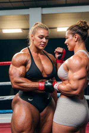 2girls, PHOTO, Candid mobile phone snapshot photo of a heavily muscled iffb pro female bodybuilder ordering at a fight, 24  year old Charlotte Church vs 28 year old Sydney Sweeney,photorealistic