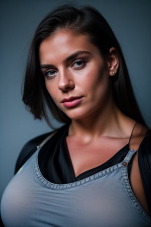A heavily muscled iffb pro female bodybuilder, a RAW photo, portrait of Zoe Slater , wearing black satin blouse, jeans, simple background, model shot, cinematic shot, volumetric lighting, detailed eyes and face, magnificent, epic, sharp focus, dlsr, rim lights, blurry background, best quality, highly detailed, masterpiece, 8k, 