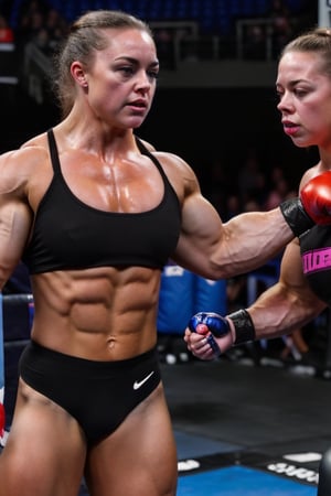 2girls, PHOTO, Candid mobile phone snapshot photo of a heavily muscled iffb pro female bodybuilder ordering at a fight, 24  year old Charlotte Church vs 28 year old Sydney Sweeney,photorealistic