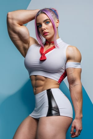 a heavily muscled iffb pro bodybuilder 22 year old girl popstar Billie Eilish, colourful hair,  , wearing a Jersey Island school
uniform,photorealistic, white unbuttoned shirt
and tie, red miniskirt, latex