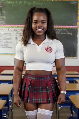 Photo taken in 1965,  18 year old Lupita Nyang'o, a heavily muscled iffb pro female bodybuilder,  a schoolgirl wearing a tight long latex dress,  red opaque pantyhose ,fmg,   A heavily muscled iffb pro female bodybuilder, 22 year old Ronda Rousey, gorgeous, perfect face, looking at viewer, (wearing makeup), (highly detailed eyes), (wearing catholic school uniform), (plaid micro miniskirt), (white knee socks), standing in classroom