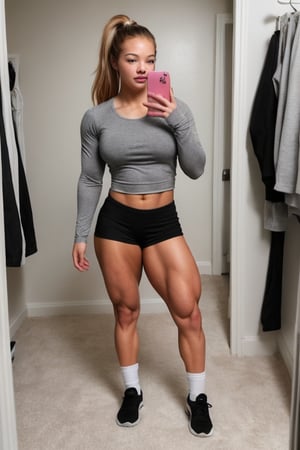 24 year old Sydney Sweeney, A heavily muscled iffb pro female bodybuilder,  Full-body mirror selfie of a muscular woman standing in a room with a wooden floor. She has long, dark hair with pink highlights and is wearing a black long-sleeve top and black lycra shorts. She is holding a smartphone with a reflective case in her left hand. She is also wearing white and gray athletic shoes with white socks. The room has a white wall with a calendar or planner hanging on it, and there is a black and white patterned rug on the floor. In the background, there is a black bag and some other items partially visible.,MUSCULAR FEMALE,Muscular female body,Strong,Woman,StrongWoman