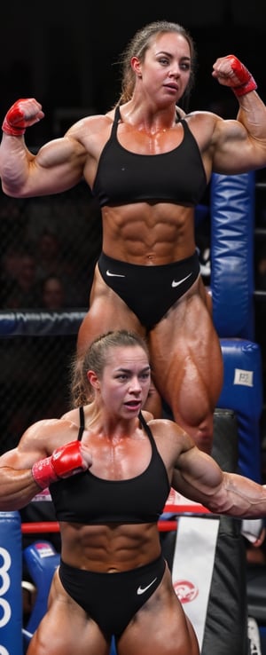 2girls, PHOTO, Candid mobile phone snapshot photo of a heavily muscled iffb pro female bodybuilder ordering at a fight, 24  year old Charlotte Church vs 28 year old Sydney Sweeney,photorealistic