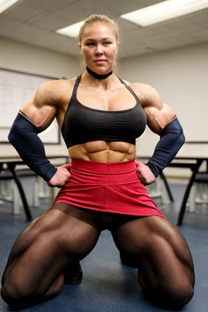 (Bodybuildings most muscular pose:1.5) 22 year old Ronda  Rousey a heavily muscled iffb pro female bodybuilder,  a schoolgirl wearing a tight unbuttoned shirt, red tie,  sill, skirt, pantyhose, silk skirt over pantyhose ,fmg,  in a classroom ,kneeling in fromt of a female muscular teacher 