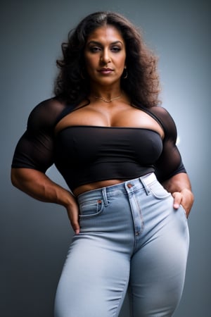 A heavily muscled iffb pro female bodybuilder, a RAW photo, portrait of Pam Grier, wearing black satin blouse,  
long transparent sleaves  jeans, simple background, model shot, cinematic shot, volumetric lighting, detailed eyes and face, magnificent, epic, sharp focus, dlsr, rim lights, blurry background, best quality, highly detailed, masterpiece, 8k, 