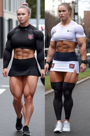 a heavily muscled iffb pro bodybuilder 22 year old girl popstar Ronda Rousey, colourful hair,  , wearing a St trinians school
uniform,photorealistic, blue school sweater, white  shirt,   miniskirt,  short tight skirt , short black leggings 