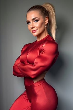 generate a fullength fashion portrait of a heav-
ily muscled iff pro female bodybuilder erika ele-
niak, her makeup, hair, she is dressed in very
tight chic clothing, extremely silk jacket. tight
red satin leggings, elegance, lighting, environ-
ment, hairstyle in pigtails