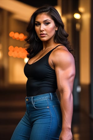A heavily muscled iffb pro female bodybuilder, a RAW photo, portrait of 21 year old  Lucy Pinder,  21 year old Pam Grier, 
21 year old Ronda Rousey, wearing black satin blouse, jeans, simple background, model shot, cinematic shot, volumetric lighting, detailed eyes and face, magnificent, epic, sharp focus, dlsr, rim lights, blurry background, best quality, highly detailed, masterpiece, 8k, 