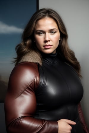  A heavily muscled iffb pro female bodybuilder, photo of  21 year old  Ronda Rousey, a woman as a movie star, modelshoot style, (extremely detailed CG unity 8k wallpaper), (portrait:1.3), photo of the most beautiful artwork in the world, professional majestic oil painting by Ed Blinkey, Atey Ghailan, Studio Ghibli, by Jeremy Mann, Greg Manchess, Antonio Moro, trending on ArtStation, trending on CGSociety, Intricate, High Detail, Sharp focus, dramatic, photorealistic painting art by midjourney and greg rutkowski, (long brown coat), (turtleneck), ((comicon event)), (leather trousers), ((standing on the red carpet)), ((paparazzi in the background)), (looking at viewer), (detailed pupils:1.3), (modern outfit:1.2), (closeup), red lips, (eye shadow)