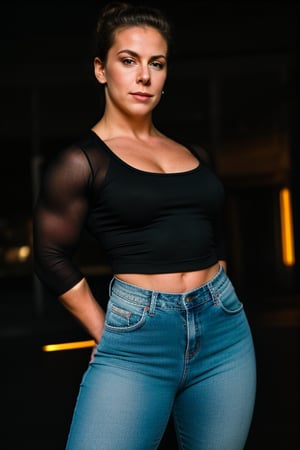 A heavily muscled iffb pro female bodybuilder, a RAW photo, portrait of 25 year old Jamie Lee Curtis, wearing black satin blouse, jeans, simple background, model shot, cinematic shot, volumetric lighting, detailed eyes and face, magnificent, epic, sharp focus, dlsr, rim lights, blurry background, best quality, highly detailed, masterpiece, 8k, 