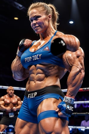 Flexing all their muscles,    2girls, PHOTO, Candid mobile phone snapshot photo of a heavily muscled iffb pro female bodybuilder ordering at a fight, 24  year old short stocky Ronda  Rousey,photorealistic