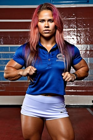 Moody facial expression, a heavily muscled iffb pro bodybuilder 22 year old girl popstar Ronda Rousey, colourful hair,  , wearing a classic St trinians school
uniform,photorealistic, 