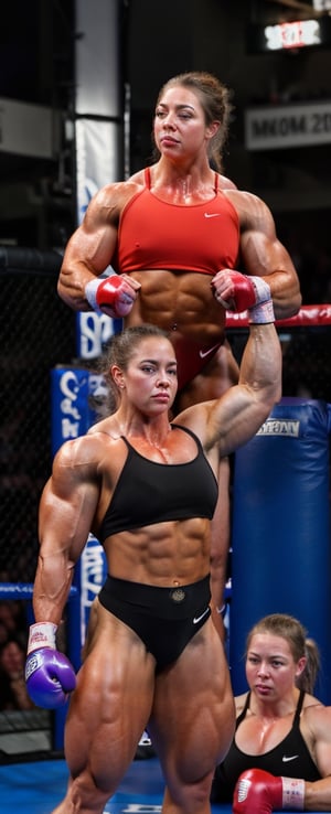 2girls, PHOTO, Candid mobile phone snapshot photo of a heavily muscled iffb pro female bodybuilder ordering at a fight, 24  year old Charlotte Church vs 28 year old Sydney Sweeney,photorealistic