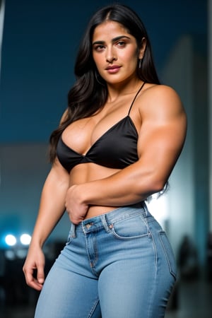 A heavily muscled iffb pro female bodybuilder, a RAW photo, portrait of 25 year old Salma Hayek wearing black satin blouse, jeans, simple background, model shot, cinematic shot, volumetric lighting, detailed eyes and face, magnificent, epic, sharp focus, dlsr, rim lights, blurry background, best quality, highly detailed, masterpiece, 8k, 