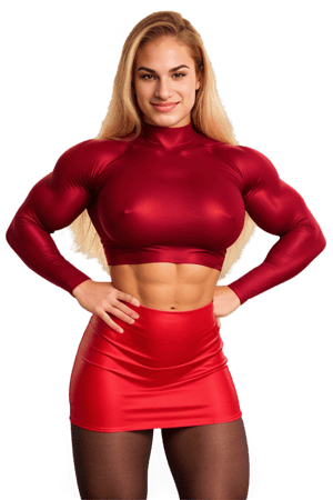 18 year old  Nicole Bass a heavily muscled iffb pro female bodybuilder,  a teacher wearing a tight silk buttoned shirt, short rubber skirt,  red opaque pantyhose ,fmg